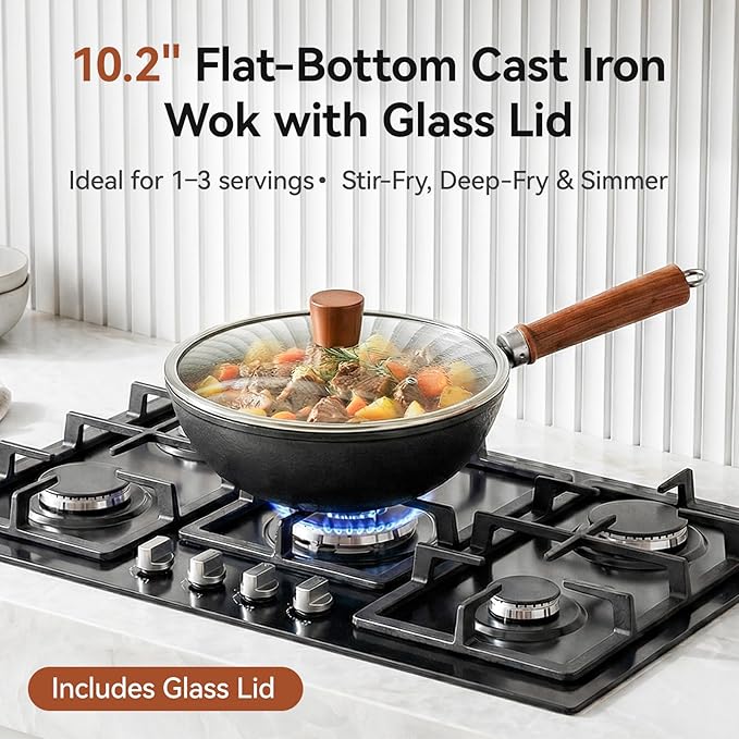 VIVIDCOOKWARE 10.2 Inch Cast Iron Wok with Glass Lid, Pre-Seasoned Flat Bottom Wok for Stir-Fry & Saute, Uncoated Iron Wok Pan for Electric, Gas & Induction Cooktops