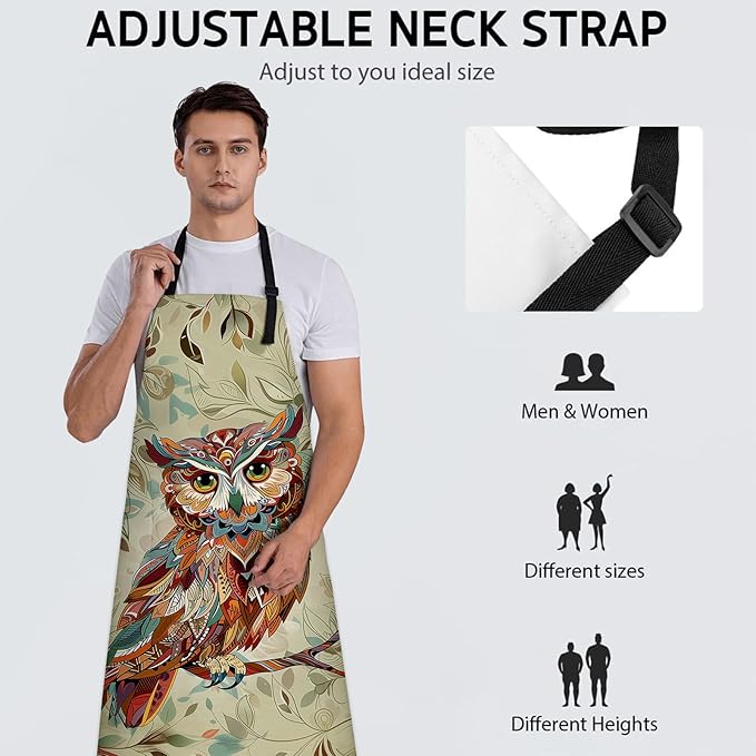 Funny Owl Apron, Adjustable Kitchen Intricate Leafy Background Aprons with Pockets for Cooking BBQ Gardening, 28×33 IN, Holiday Gifts for Women Men Wife, for Chef Baking, Oxford Fabric