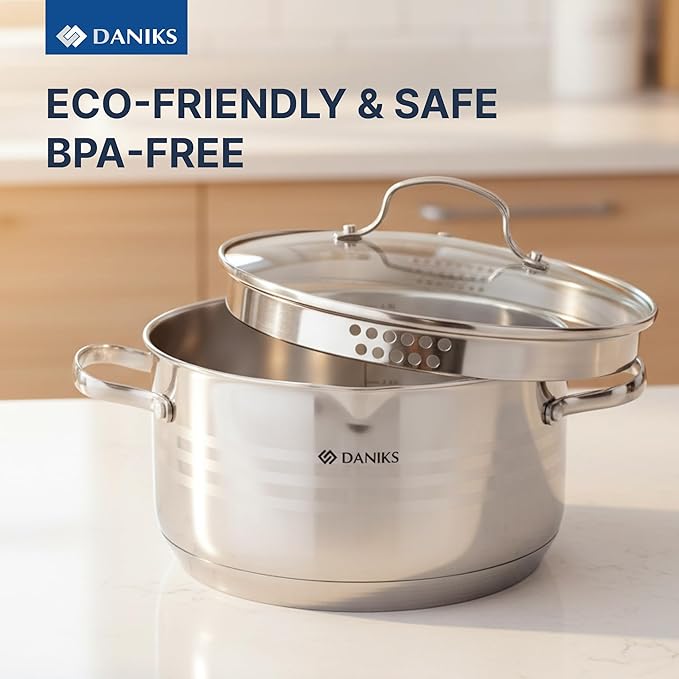Daniks Tokio Stainless Steel Stock Pot 4.5 Quart, with Glass Strainer Lid, Induction Ready, Dishwasher Safe, Measuring Scale, Silver