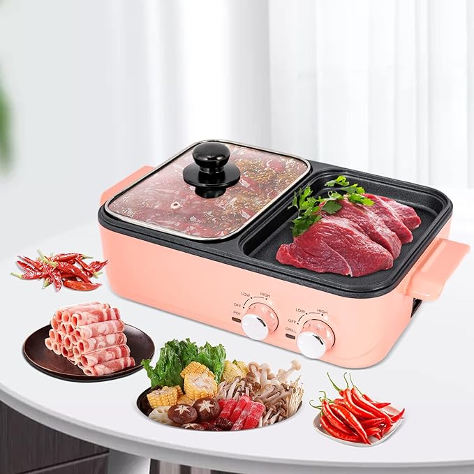Small Electric Hot Pot with Grill, Pink 2 in 1 Indoor Non-Stick Electric Hot Pot and Griddle for BBQ, Steaks, Independent Dual Temperature Control, 14.96 * 8.66 * 3.94 inch