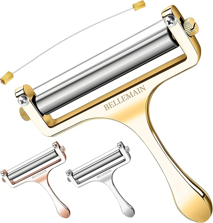 Bellemain Stainless Steel Wire Cheese Slicer - Adjustable Cheese Cutter for Cheddar, Gruyere, Raclette, Mozzarella Cheese Block, Gold