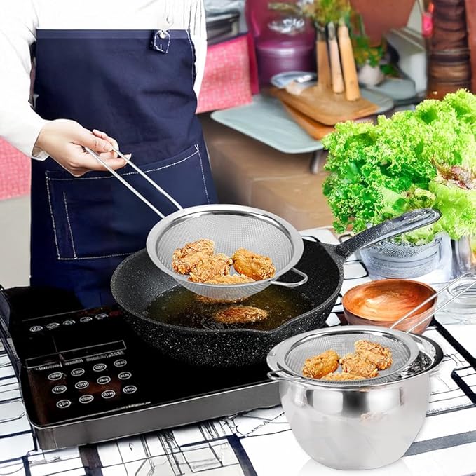 CEYAZYE Fine Mesh Strainers Set, 304 Stainless Steel Colander, Sifter, Sieve with Hanging Handle Design, Suitable for Sifting, Filtering Tea, Food, Juice, Pasta, Flour in Kitchen (3 Size)