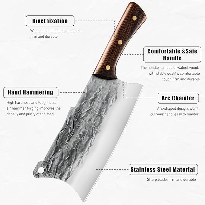 ZENG 7 Pieces Butcher Knife Set with Roll Bag, Chef Knife Set for Meat Cleaver Cutting & Viking Knives with Ergonomic Handles, Stainless Steel Hand Forged Kitchen Knife Set for Home, Cooking, Camping