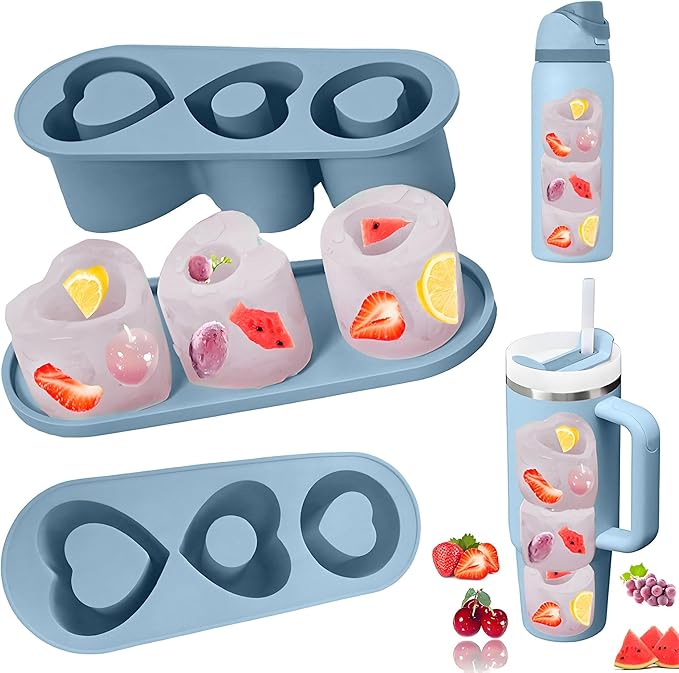 Ice Cube Trays for Stanley Cup 20 30 40 OZ Tumbler Ice Mold Heart Shape Silicone Ice Cube Tray with Lid, Stanley Ice Mold and Maker Ice Cube for Cocktails, Whisky, Juice (20-30 OZ, Blue)