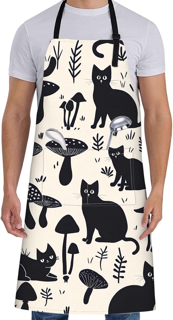 Black Cat Apron for Women with Mushroom,28x33in,Cute Kitten Kitchen Aprons with 2 Pockets,Oxford Fabric,Stylish Adjustable Apron for Cooking Baking Gardening Chef,Gifts for Mom Wife