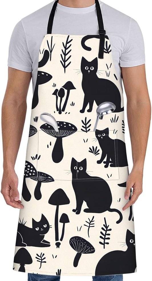 Black Cat Apron for Women with Mushroom,28x33in,Cute Kitten Kitchen Aprons with 2 Pockets,Oxford Fabric,Stylish Adjustable Apron for Cooking Baking Gardening Chef,Gifts for Mom Wife