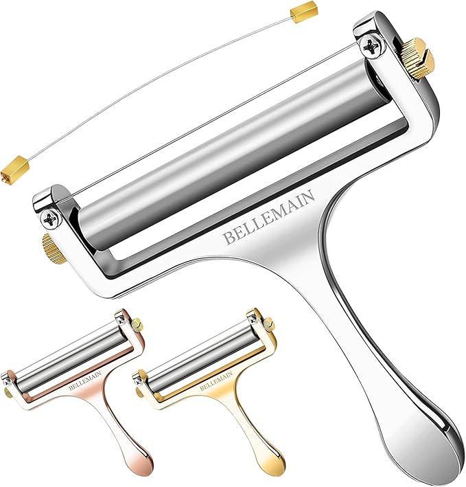 Bellemain Stainless Steel Wire Cheese Slicer - Hand Held Cutter for Cheddar, Gruyere, Raclette, Mozzarella Block, Adjustable Shaver, Thick & Thin Slicer, Curler (Silver)