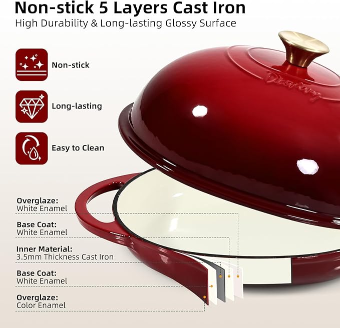 Davivy 6QT Oval Bread Dutch Oven with Silicone Baking Mat, Enameled Cast Iron Dutch Oven for Sourdough Bread Baking 6QT, Cast Iron Sourdough Bread Pan with Domed Lid - Ruby Red