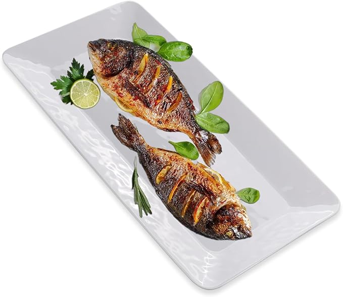 Yalin Rectangle Large Serving Platter, 17 Inch Melamine Serving Tray, Great for Restaurant, Steak, Salad and Everyday, Set of 2 White Dinner Plates (Rectangle)
