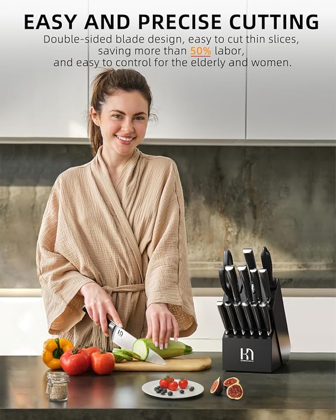 2026 Knife Set 15 Pcs Japanese High Carbon Stainless Steel Kitchen Knife Sets with Block & Sharpener, Premium Razor-Sharp Black Knives Block Set for Kitchen, Ergonomic Full-Tang Handle