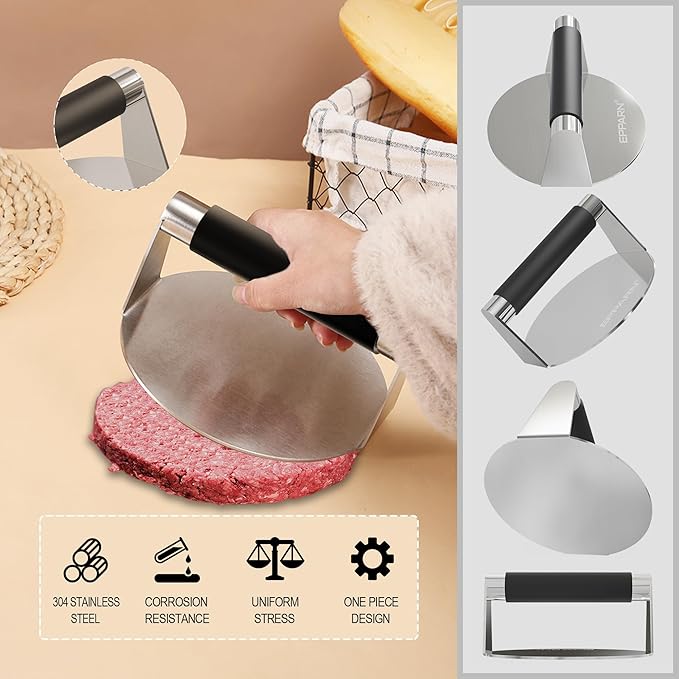 Smash Burger Press with Anti-Scald Handle, Stainless Steel Burger Press, Hamburger Press for Griddle, Bacon Press, Grill Press, Ground Beef Patty Press