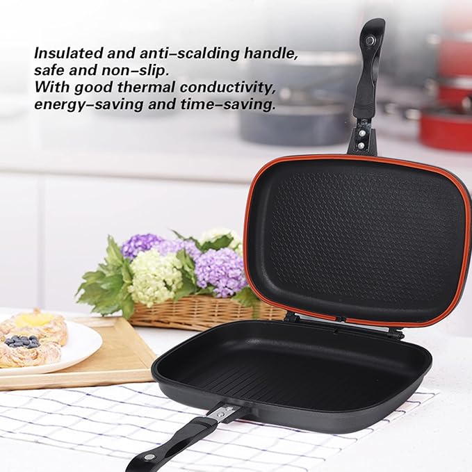 Nonstick Double Frying Pan, 18.1x14.2in Double Multipurpose Double Grill Pan Portable Grill Pot for Home Cooking Sandwich Panini Barbecue Chicken Fish