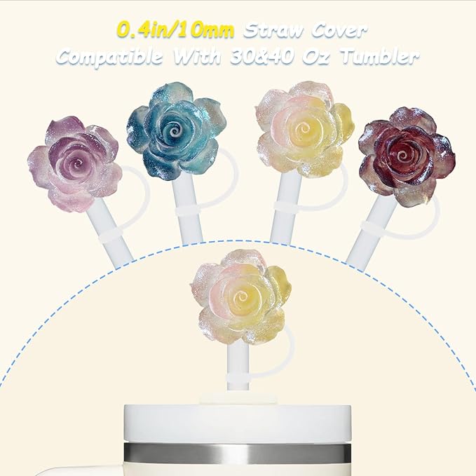 4 Pcs 0.4in Straw Cover for Stanley Cup, Silicone Straw Topper Set for 30&40oz Stanley Tumbler, Fit for 10mm/0.4in Straws (Rose)