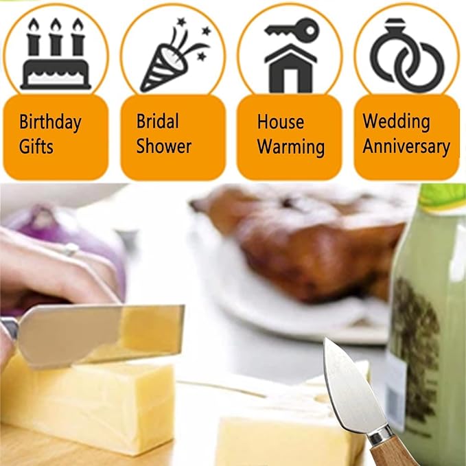 Set of 6 Cheese Knife Set, Cheese Knives Cheese Knife Set Wooden Handle Stainless Steel Cheese Slicer Fork Spreader Cheese Tool for Cheese Butter Pizza Cake