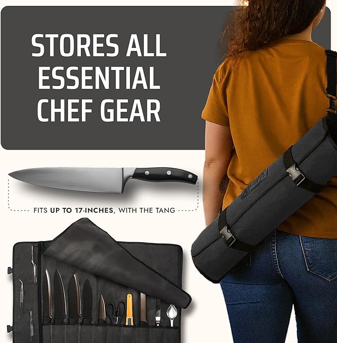Asaya Canvas Chef Knife Roll Bag - 10 Knife Slots and a Large Zipper Pocket - Durable 10oz Canvas Knife Case with an Adjustable Shoulder Strap - Knives not Included
