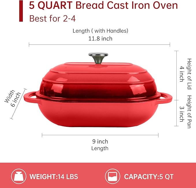 Fijxzct Premium Enameled Cast Iron Dutch Oven for Bread Baking | Non-Stick 5QT Oval Bread Oven with Lid | Perfect for Sourdough, Loaf, and Artisan Baking (Oval Red, 5 QT)