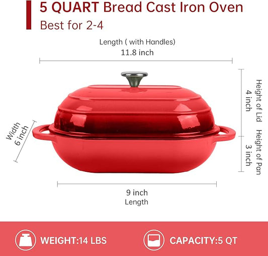 Fijxzct Premium Enameled Cast Iron Dutch Oven for Bread Baking | Non-Stick 5QT Oval Bread Oven with Lid | Perfect for Sourdough, Loaf, and Artisan Baking (Oval Red, 5 QT)