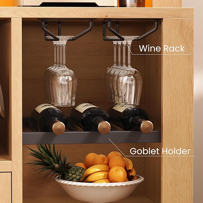 Itaar 73" Tall Arched Bakers Rack with Power Outlet and LED Light, Farmhouse Coffee Bar Cabinet, Kitchen Microwave Stand with Storage for Kitchen, Dining Room, Living Room, Natrual