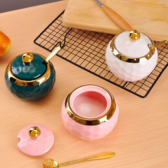 WHJY Ceramic Sugar Bowl with Lid and Spoon, Golf Design Porcelain Salt Bowl Salt Container, Modern Spice Box Seasoning Jar for Home and Kitchen Coffee Bar - Pink