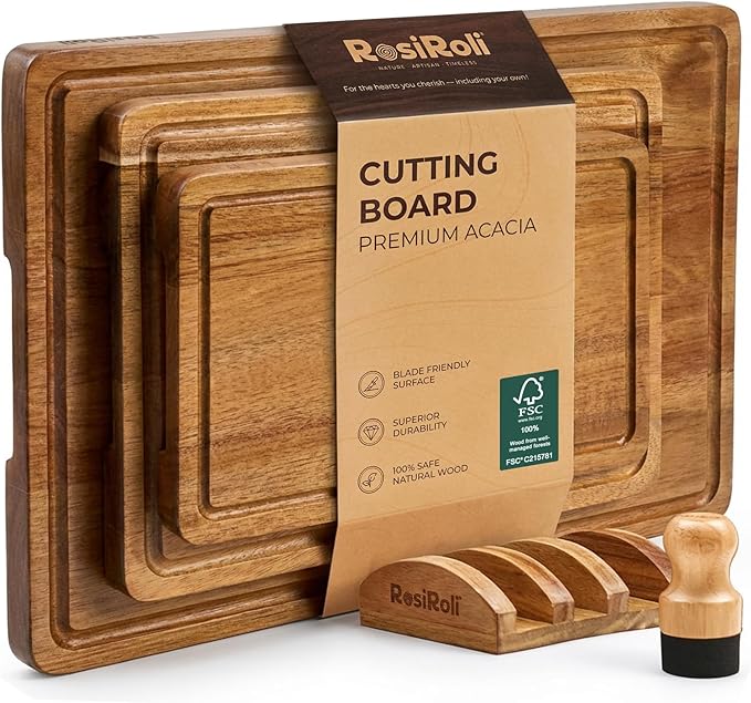 RosiRoli Acacia Wood Cutting Board for Kitchen, Set of 3 - Durable 1" Thick Chopping Boards with Juice Grooves & Handles for Prep & Serving, Impressive Gift for Housewarming, Christmas, and Home Chefs