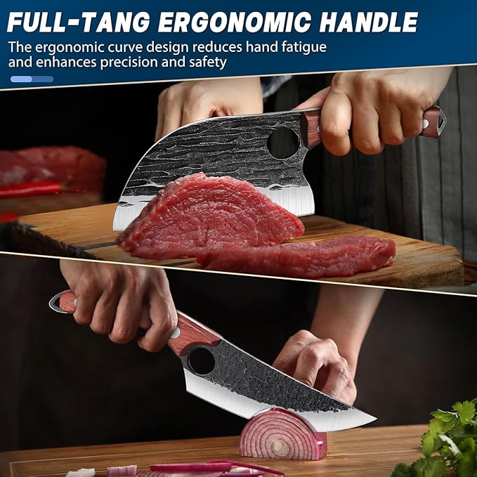 TAN REN 3PCS Butcher Knife Set for Meat Cutting, Hand Forged Meat Cleaver Knives with Wood Handle, Grilling Knife Set for Men, Christmas Gifts for Men