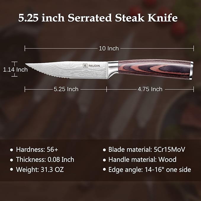 PAUDIN Steak Knives Set of 6, Ultra Sharp Steak Knives 5.25 inch, High Carbon Stainless Steel Steak Knife Set, Serrated Steak Knife with Pakkawood Handle for Steak House Restaurant