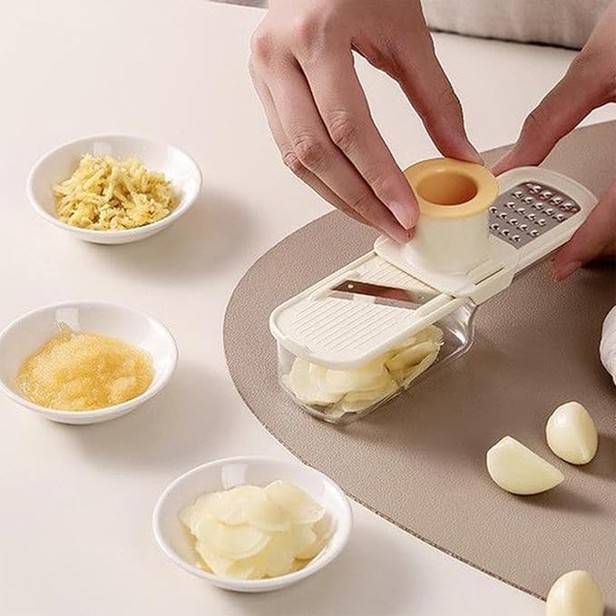 Mini Garlic Grinder, Multifunctional Garlics Grinder & Mandoline Slicer, 3-In-1 Garlic Slicer Veggie Shredder With Container, Hand Guard, For Can Grind, Slice And Shred (Beige+Green)