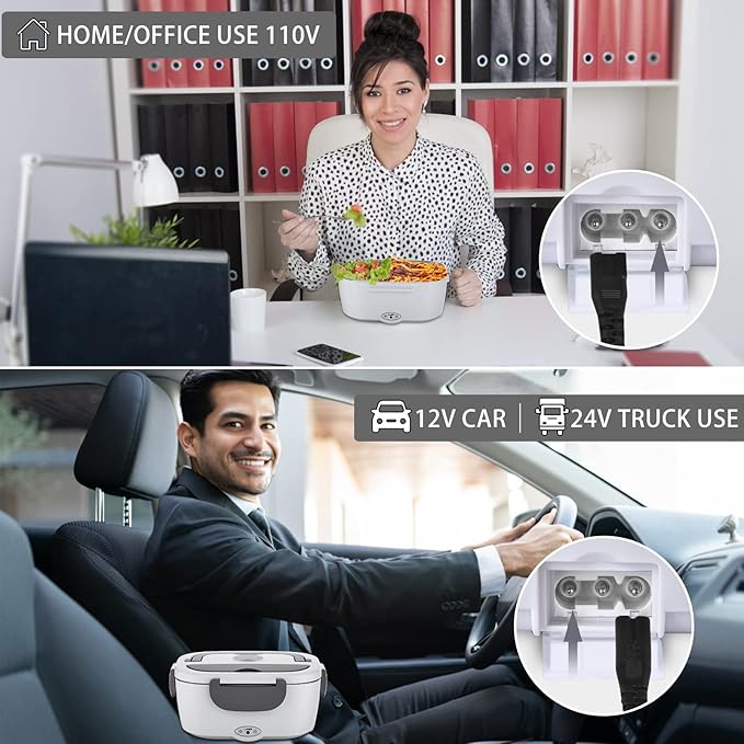 Electric Lunch Box Food Heater - 3 in 1 Portable Leakproof Heated Lunch Box for Car/Home/Adults with 1.5L Removable 304 Stainless Steel Container, 60-80W, 12V/24V/110V (White)