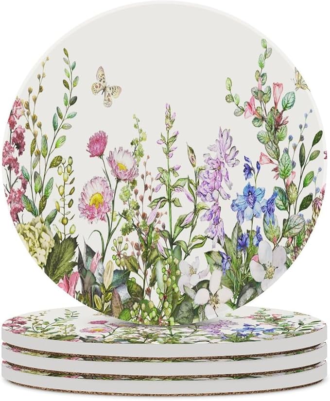 Floral Drink Coasters, Round Ceramic Drink Coaster Round-4PCS, Watercolour Flower Herb Nature Plant Floral Butterfly Decor Absorbent Ceramic Coasters for Beverage Cup, Bar, Coffee Table