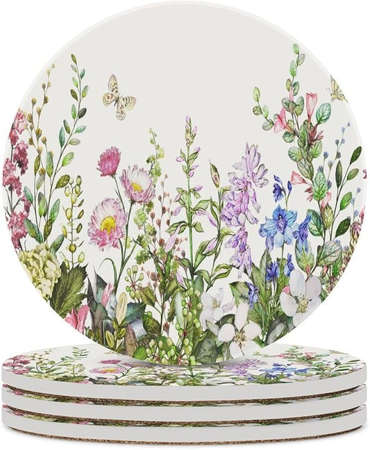 Floral Drink Coasters, Round Ceramic Drink Coaster Round-4PCS, Watercolour Flower Herb Nature Plant Floral Butterfly Decor Absorbent Ceramic Coasters for Beverage Cup, Bar, Coffee Table