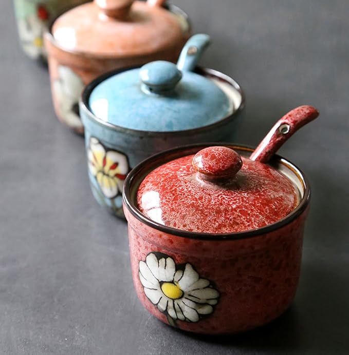 123Arts Ceramics Retro Flower Sugar Salt Pepper Storage Jar Seasoning Pot with Lid And Spoon