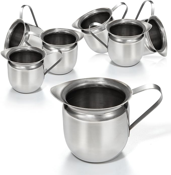 Fit Meal Prep [6 Pack] 8 oz Creamer Pitcher - Stainless Steel Bell Creamers, Mini Cup Container for Serving Milk, Coffee Cream, Salad Dressing, Maple Syrup, Espresso Machine for Restaurant, Cafes