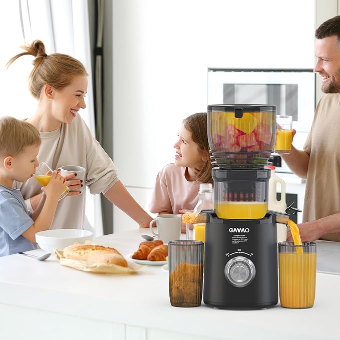 OMMO Juicer Machines, 300W Cold Press Juicer for Whole Vegetables & Fruits with 6'' Large Feed Chute, Slow Masticating Juicer Easy to Clean, High Juice Yield, BPA Free, Black
