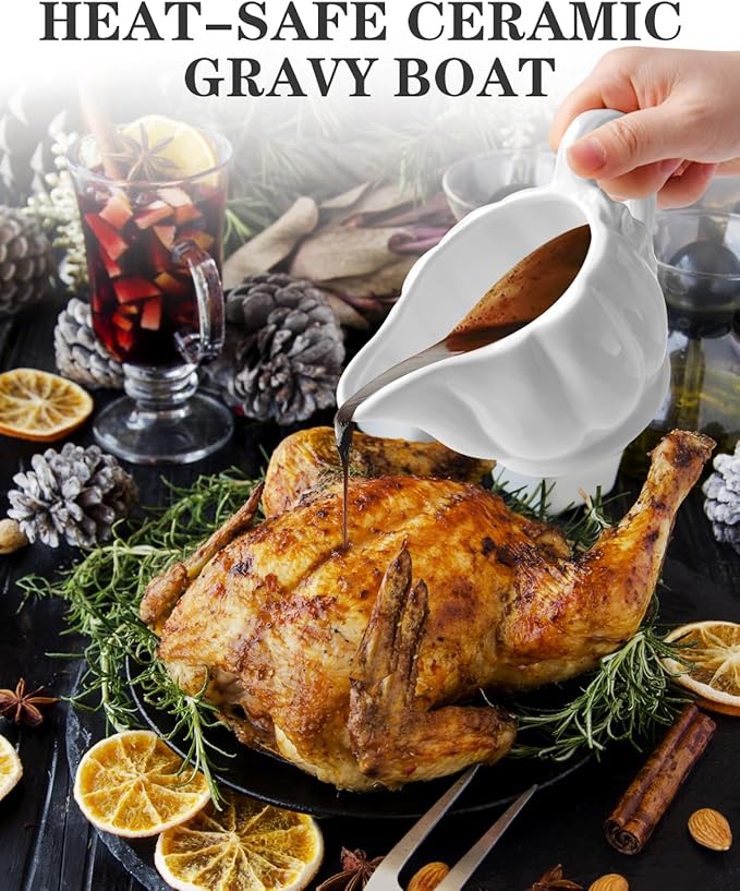 Gravy Boat with Warmer – 18 Oz Dripless Gravy Bowl with Handle & Spout – Microwave, Freezer & Dishwasher Safe Sauce Server for Thanksgiving, Christmas, Holiday Meals, and Everyday Use