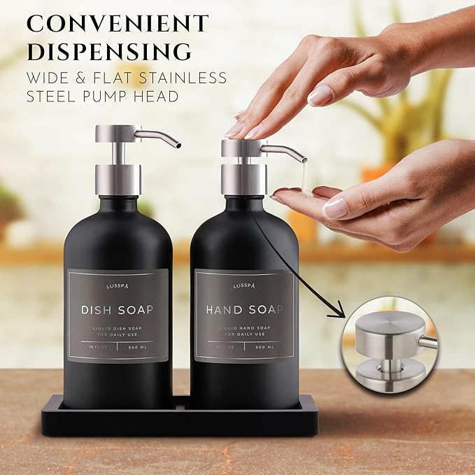 Lotion, Hand & Dish Soap Dispenser for Kitchen & Bathroom | Soap Dispenser Set of 2 16.8 Oz Glass Bottles with Stainless Steel Pump, 15 Water Proof Labels & Silicon Tray (Black/Silver)