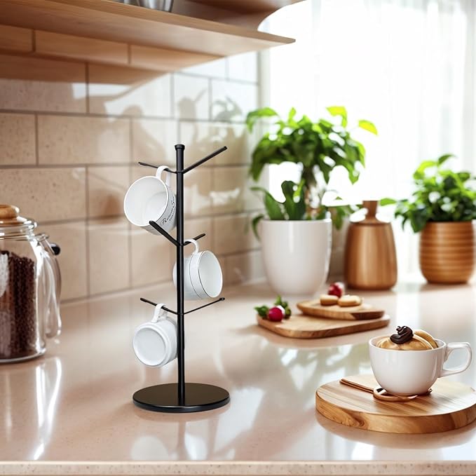 Premium Mug Tree, 6 Hooks Upgraded Stable Metal Mug Holder, Bamboo Base Coffee Mug Cup Rack for Counter Top, Mug Display, Home Storage and Cup Organizer, Black