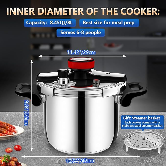 pressure cooker stainless steel 8 qt, Olla de presion, stainless steel Pressure Cooker 8+ qt, Compatible with Induction and Gas Stovetops, ollas de presión para cocinar panela de pressao