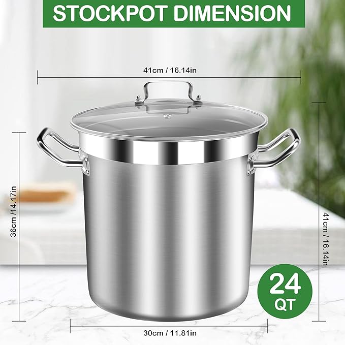 STOCKPOT Stainless Steel 24 Quart Stockpot with Tempered Glass Lid, 3-Ply Base, 6 Gallon, Polished Finish, Suitable for Stovetop and Oven, Dishwasher Safe