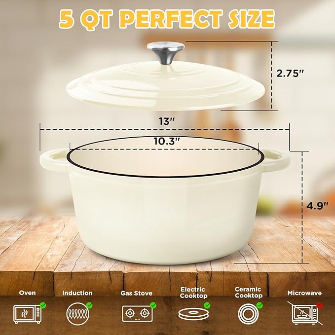 Enameled Cast Iron Dutch Oven Pot with Lid, Incl. Sourdough Bread Baking Supplies Like Banneton Bread Proofing Basket, Starter Jar, Scoring Tool Lame, 5QT Dutch Oven for Bread Baking, Oven Safe up to 500°F