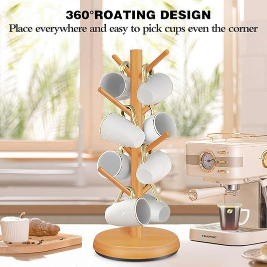 Mug Holder Tree,New Upgraded 360° Rotated 8 Hooks Coffee Cup Holder for Counter,Wood Coffee Mug Rack Standing for Co ffee Bar Accessories and Kitchen Home Organizer(Brown)