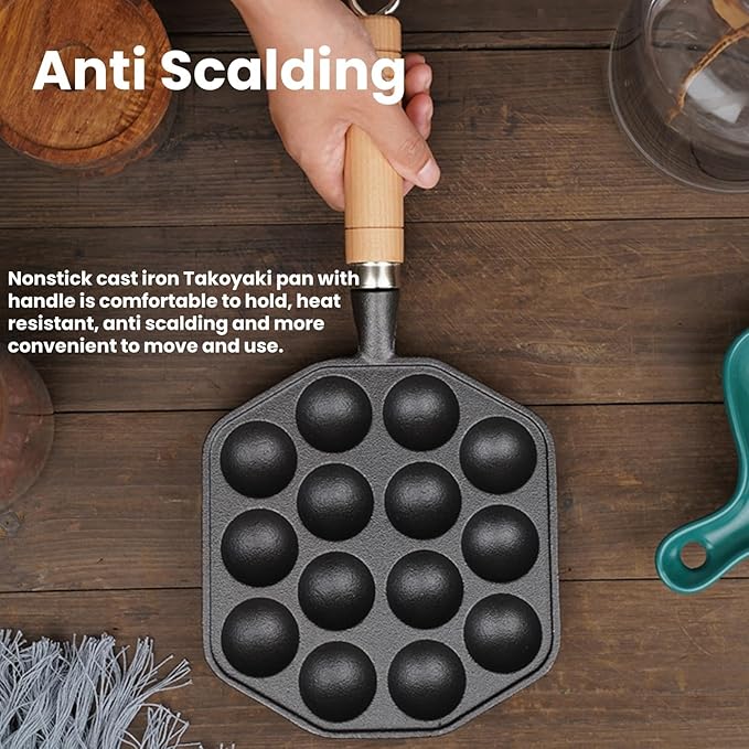 Topyond Cast Iron Aebleskiver Pan, 14 Holes Takoyaki Nonstick Cast Iron Ebelskiver Pan, Mochi Maker Grill Pancake Pan with Detachable Handle