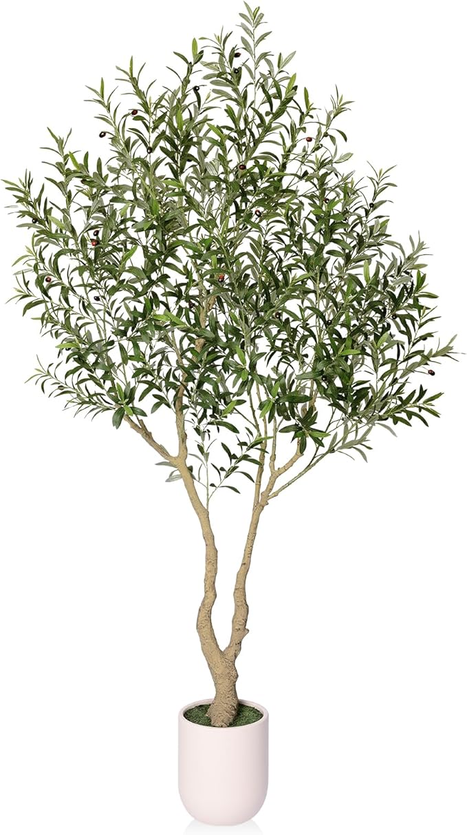 Artificial Olive Tree 8FT Tall, Faux Plants Indoor - Fake Plant with Lifelike Leaves,White Planter - Large Fake Olive Trees for Home Living Room Office Bedroom Floor Decor
