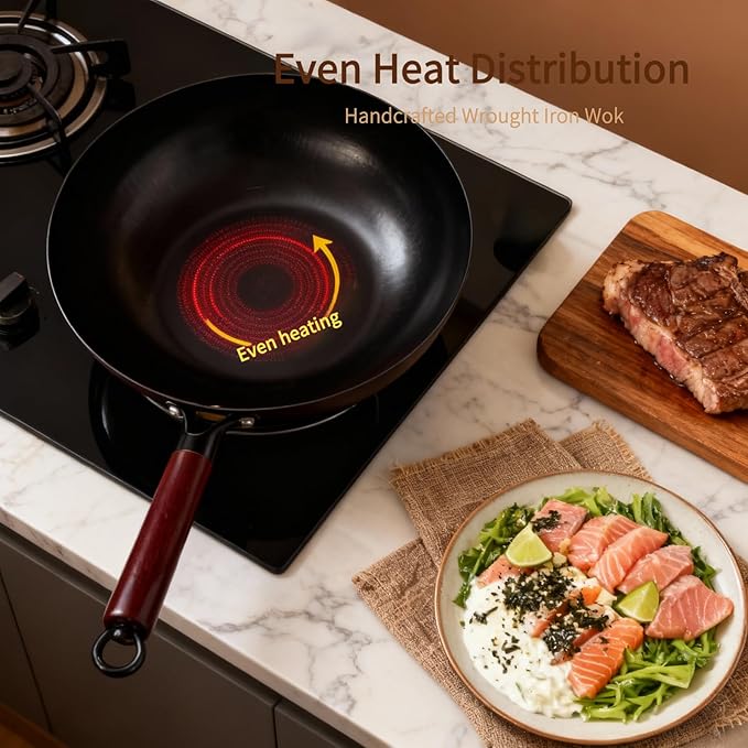 Calmabode Uncoated Carbon Steel Wok with Wooden Handle (13 Inch) - Traditional Chinese Stir Fry Pan for High Heat Cooking, Non-Toxic, Easy Cleanup, Induction & Stovetop Compatible with Hanging Loop