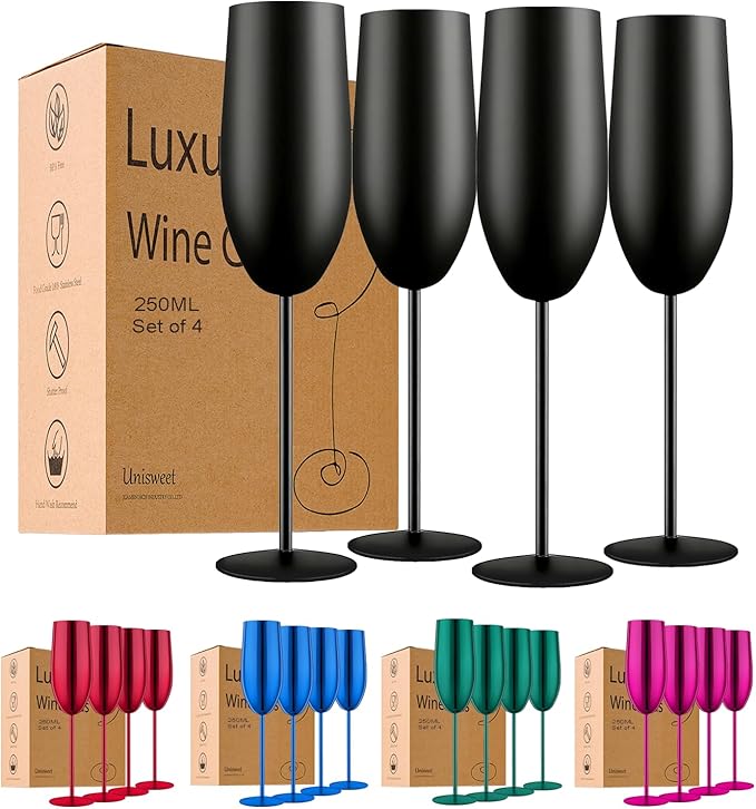 Stainless Steel Champagne Flutes Set of 4-Wedding &Birthday Gifts,8.5 Oz Unbreakable Champagne Glass with Long Stem,Reusable Indoor Outdoor Drinkware (Matte-Black)