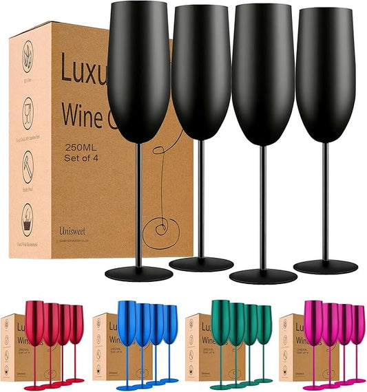 Stainless Steel Champagne Flutes Set of 4-Wedding &Birthday Gifts,8.5 Oz Unbreakable Champagne Glass with Long Stem,Reusable Indoor Outdoor Drinkware (Matte-Black)