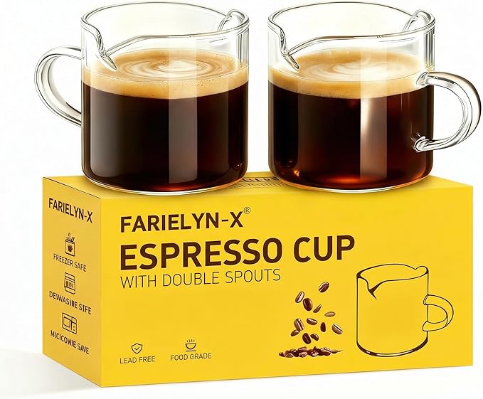 5 OZ Espresso Cups Set of 2, Double Spouts Cups, Shot Glasses, Milk Cup with Handle, Clear Glass, Espresso Accessories for Making Coffee Desserts Salad Dressing Machine (1 ounce more than others )