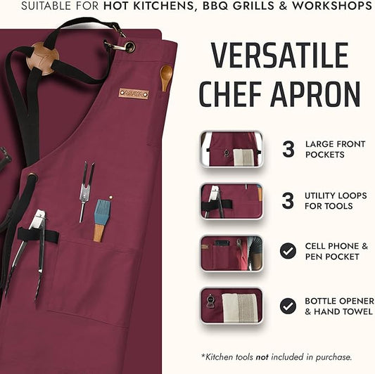 Asaya Chef and BBQ Apron with Bottle Opener and Hand Towel - 10oz Cotton Canvas, Stainless Steel Hardware - Cross Back Straps