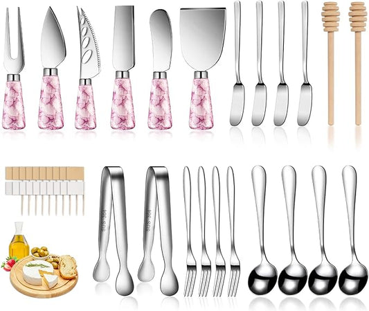 Marble Pink Cheese Knife Set, Ceramic Handle Charcuterie Board Accessories - Butter Spreader, Cheese Slicer, Serving Tongs, Spoons, Forks, Flags, Wooden Honey Dipper