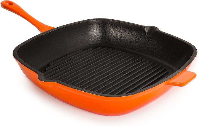 Berghoff Neo 2Pc Enameled Cast Iron Grill Set, Grill Pan 11 inches, Bacon/Steak Press 8 inches, Fast, Evenly Heat, Oven safe (Orange)