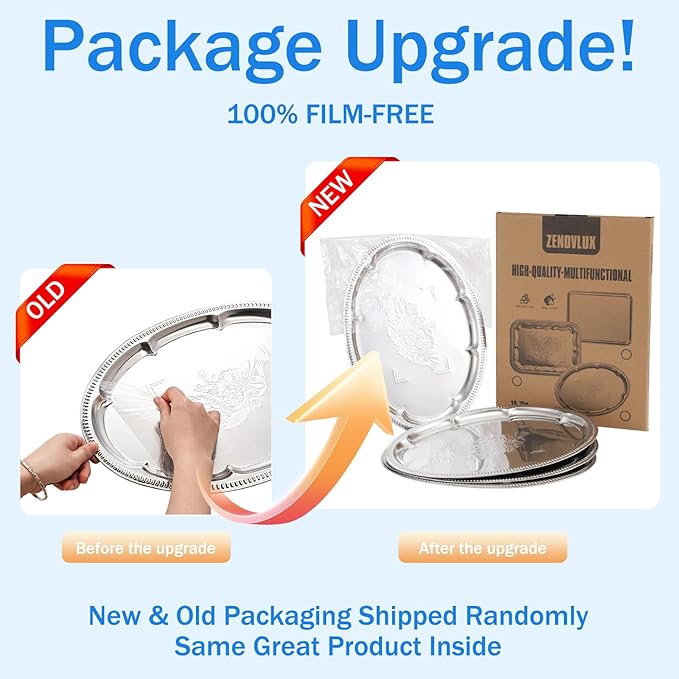 4-Pack 15.7" x 11.8" Large Silver Serving Trays for Party Set - Oval Floral Engraved Serving Platters, Wedding Birthday Mirror Tray for Valentine's Day, Food, Appetizer, Charcuterie, Cookies, Desserts